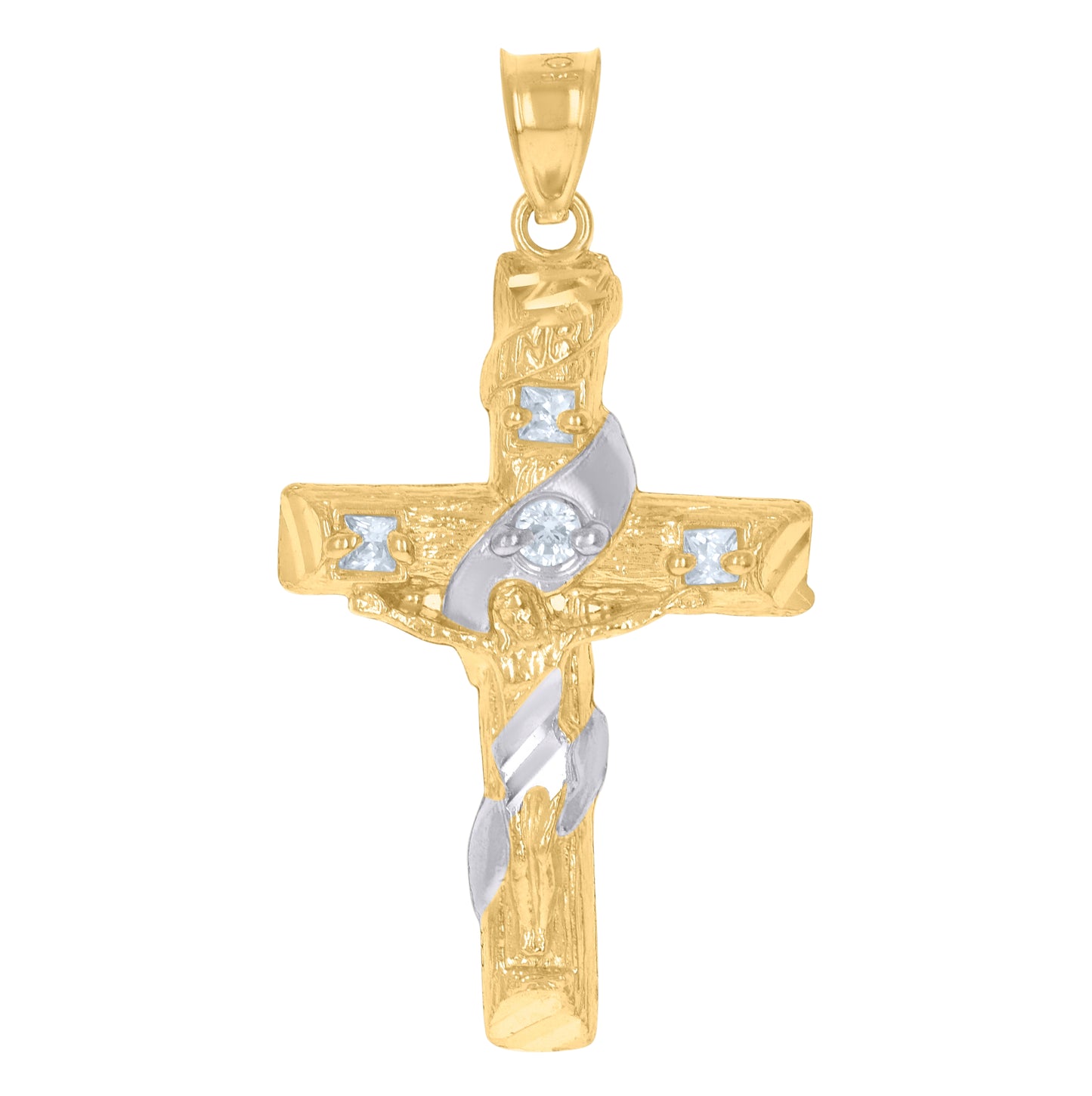 10K Two-Tone Gold Unisex Cubic-Zirconia Crucifix Cross Religious Charm Pendant