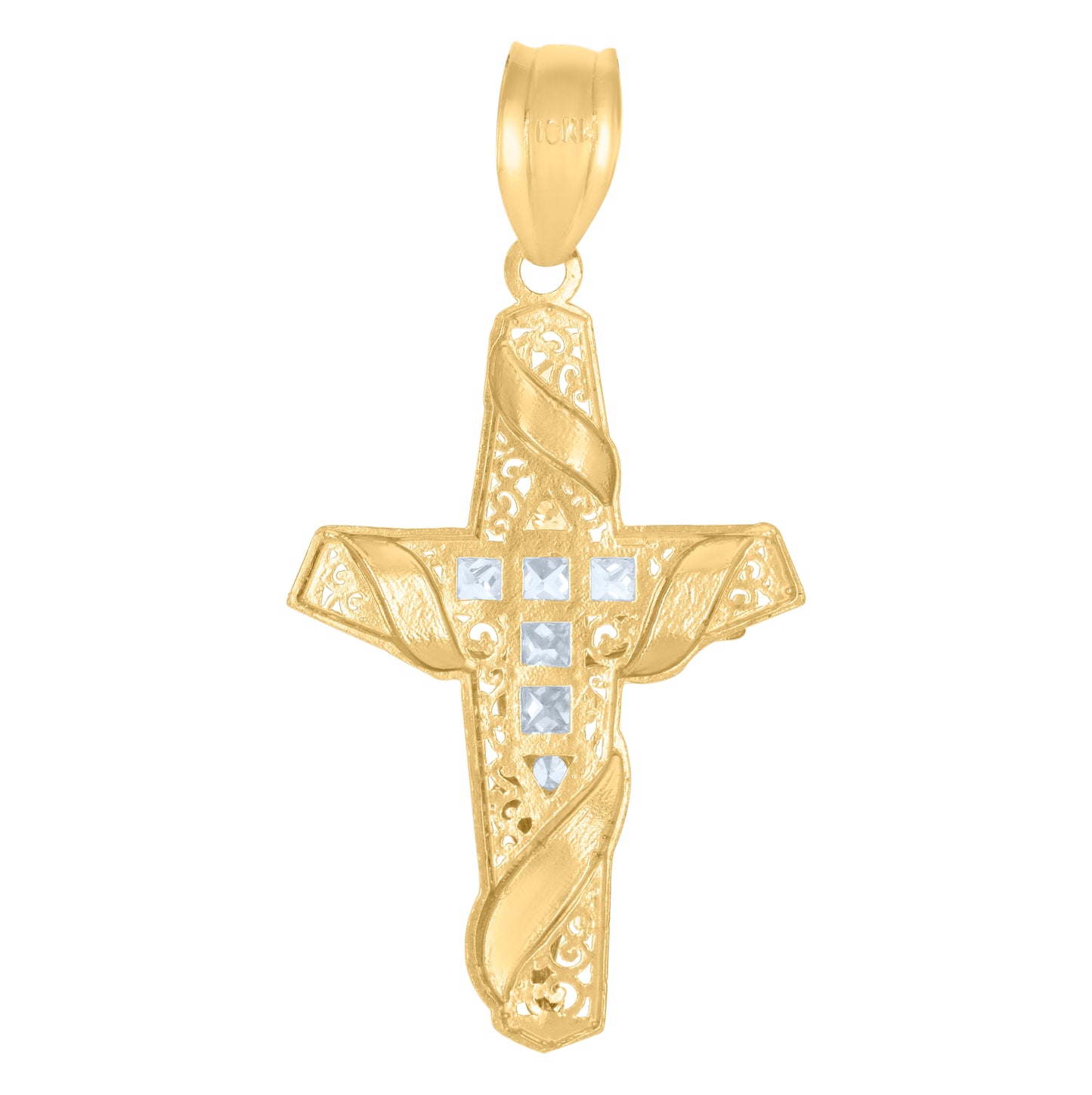 10K Two-Tone Gold Unisex Princess Cut Round Cubic-Zirconia Crucifix Cross Religious Charm Pendant