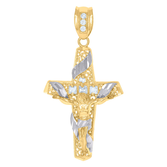 10K Two-Tone Gold Unisex Princess Cut Round Cubic-Zirconia Crucifix Cross Religious Charm Pendant