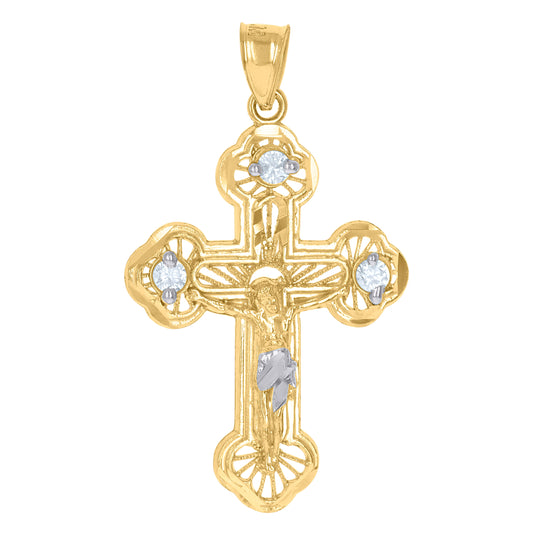 10K Two-Tone Gold Unisex Cubic-Zirconia Crucifix Cross Religious Charm Pendant