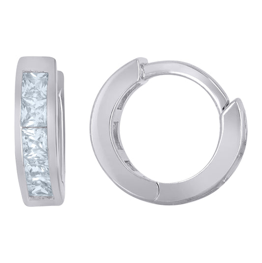 Sterling Silver Womens Princess Cut Cubic-Zirconia Single Row Hoop Huggies Earrings