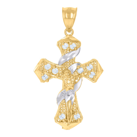 10K Two-Tone Gold Unisex Cubic-Zirconia Crucifix Cross Religious Charm Pendant