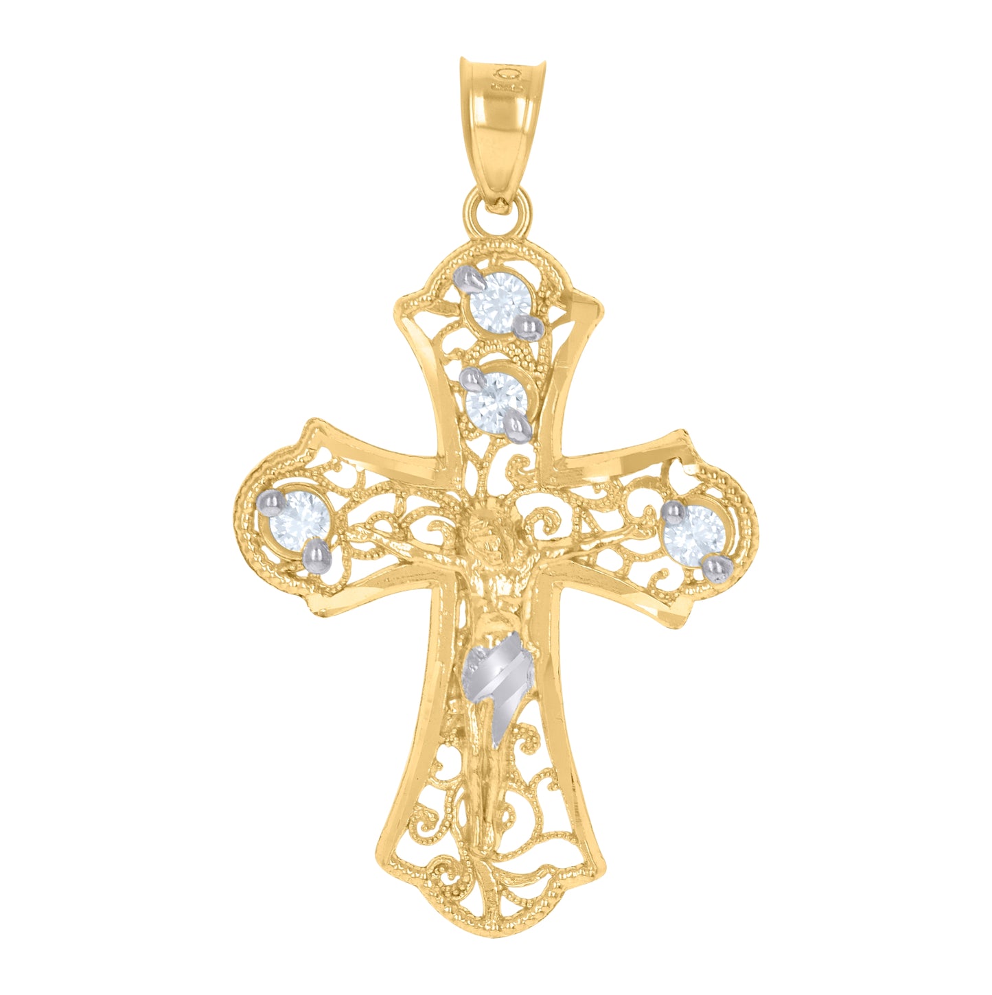 10K Two-Tone Gold Unisex Cubic-Zirconia Crucifix Cross Religious Charm Pendant