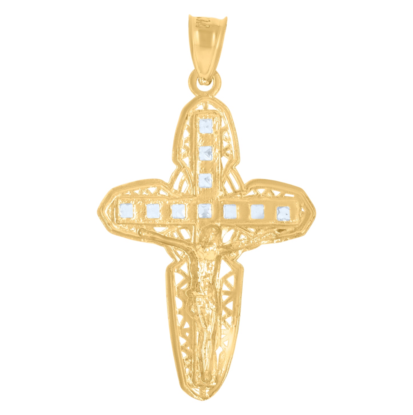 10K Two-Tone Gold Unisex Princess Cut Cubic-Zirconia Crucifix Cross Religious Charm Pendant