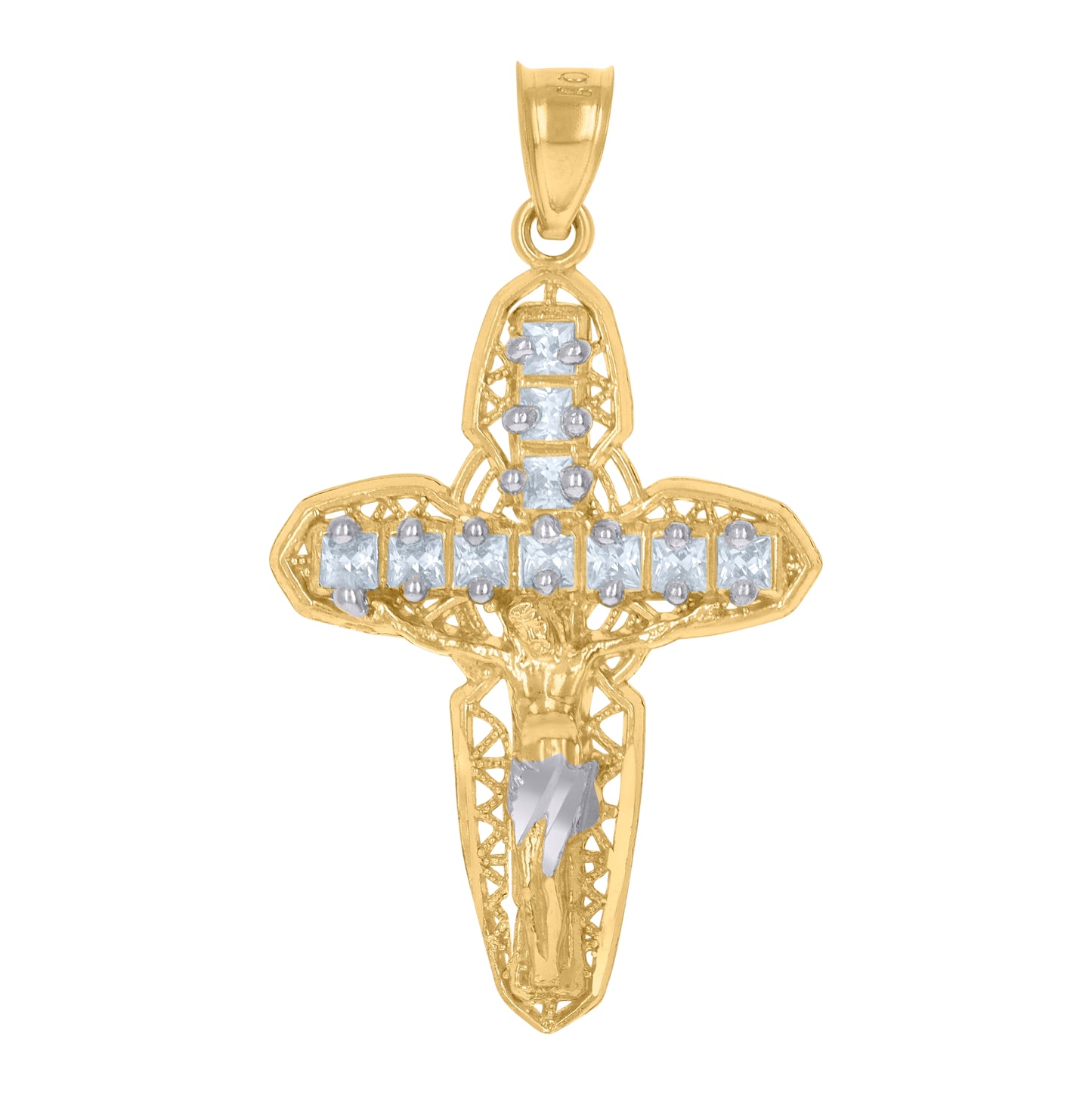 10K Two-Tone Gold Unisex Princess Cut Cubic-Zirconia Crucifix Cross Religious Charm Pendant