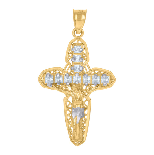 10K Two-Tone Gold Unisex Princess Cut Cubic-Zirconia Crucifix Cross Religious Charm Pendant