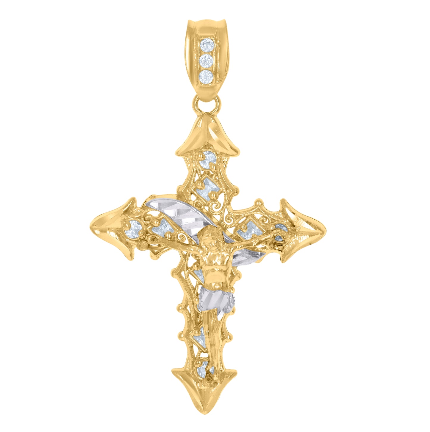 10K Two-Tone Gold Unisex Princess Cut Round Cubic-Zirconia Crucifix Cross Religious Charm Pendant