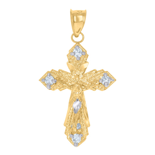 10K Two-Tone Gold Unisex Cubic-Zirconia Crucifix Cross Religious Charm Pendant