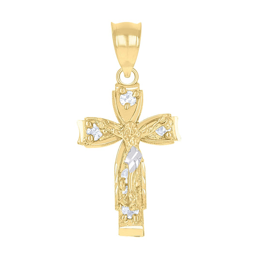 10K Two-Tone Gold Unisex Cubic-Zirconia Crucifix Cross Religious Charm Pendant