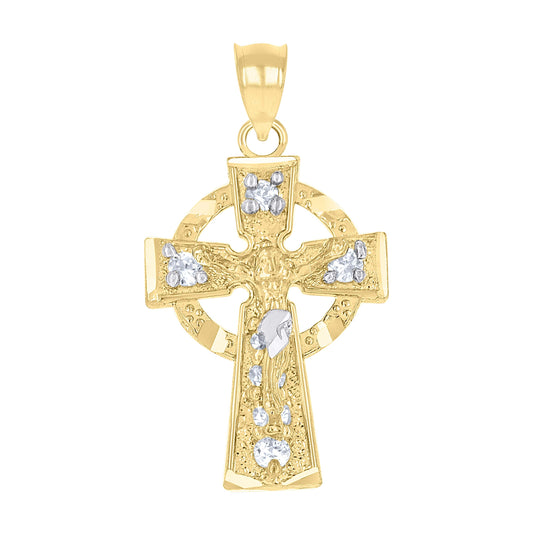 10K Two-Tone Gold Unisex Cubic-Zirconia Crucifix Cross Religious Charm Pendant