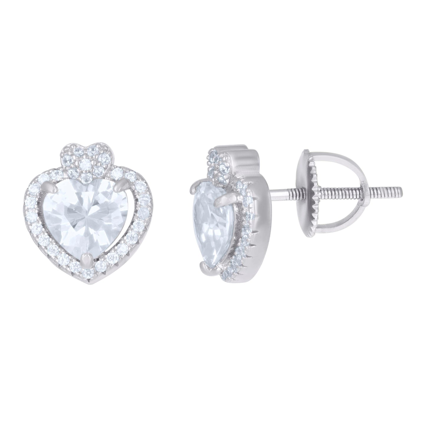 Sterling Silver Womens Heart Round Cubic-Zirconia Heart Stud Earrings
