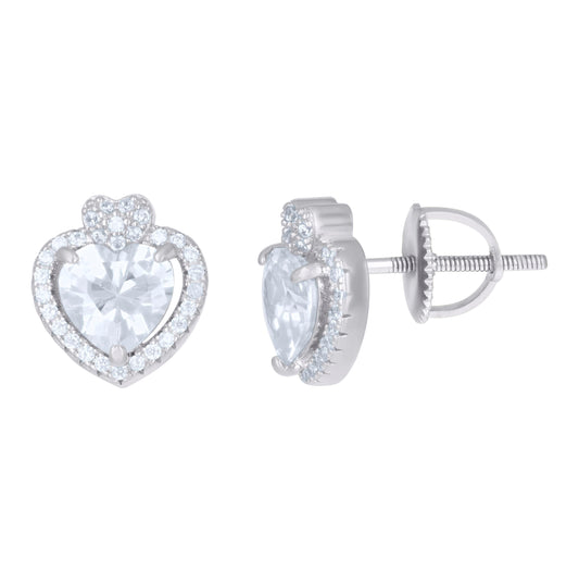 Sterling Silver Womens Heart Round Cubic-Zirconia Heart Stud Earrings