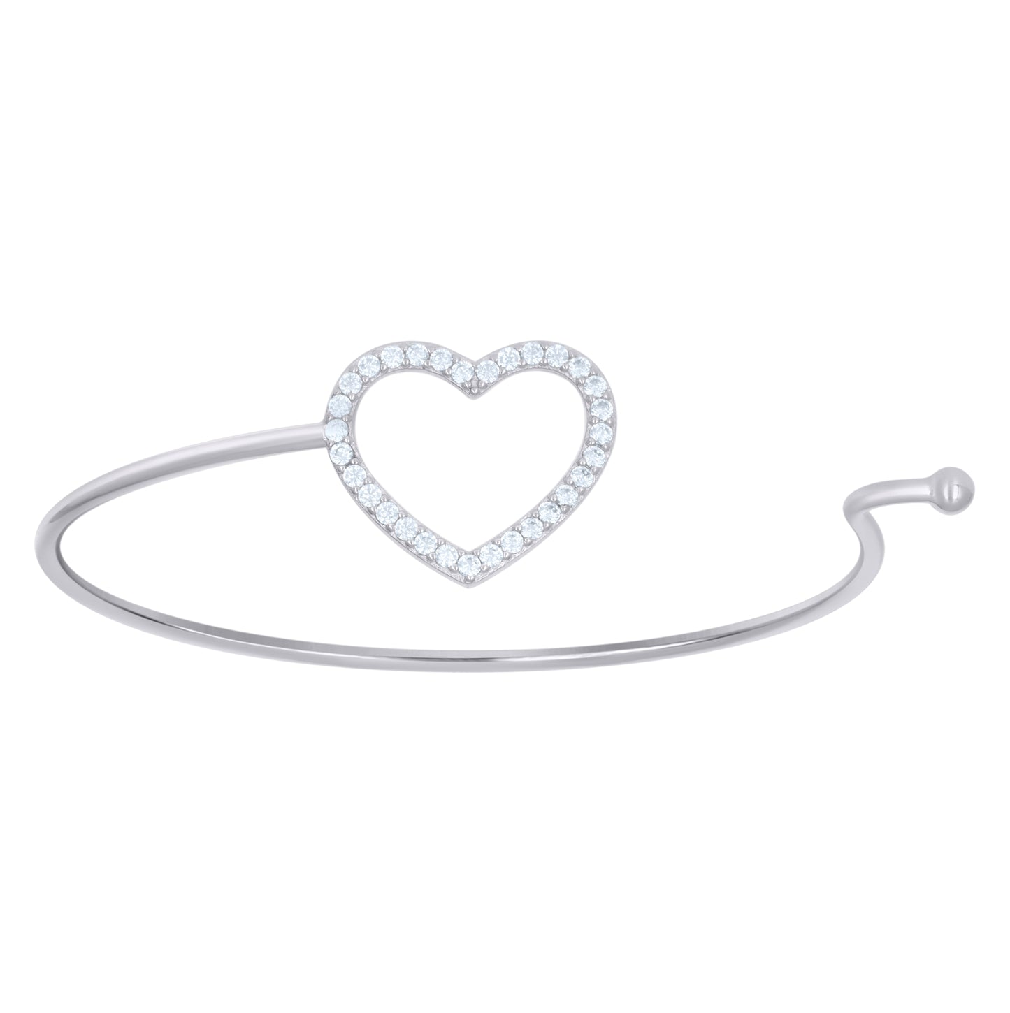 Sterling Silver Womens Cubic-Zirconia Heart Cuff Bangle