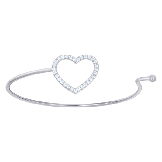 Sterling Silver Womens Cubic-Zirconia Heart Cuff Bangle