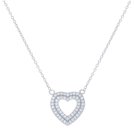 Sterling Silver Womens Cubic-Zirconia Heart Charm Necklace