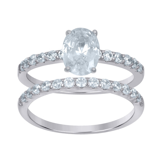 Sterling Silver Womens Oval Cubic-Zirconia Duo Bridal Anniversary Wedding Engagement Band Ring Set