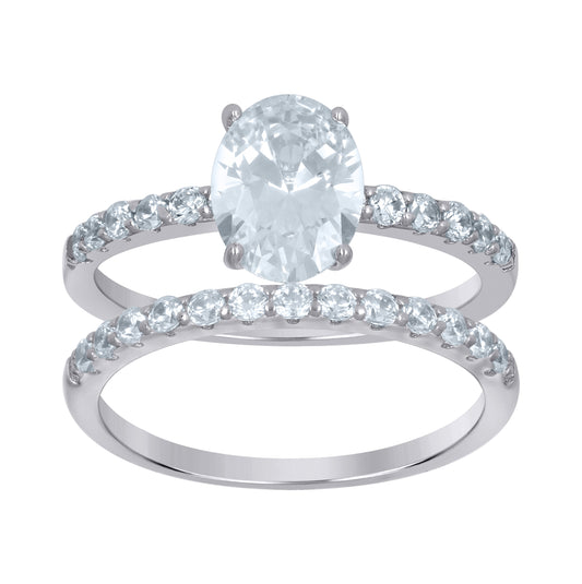 Sterling Silver Women's Oval Cubic-Zirconia Duo Bridal Anniversary Wedding Engagement Band Ring Set