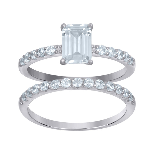 Sterling Silver Womens Emerald Cubic-Zirconia Duo Bridal Anniversary Wedding Engagement Band Ring Set