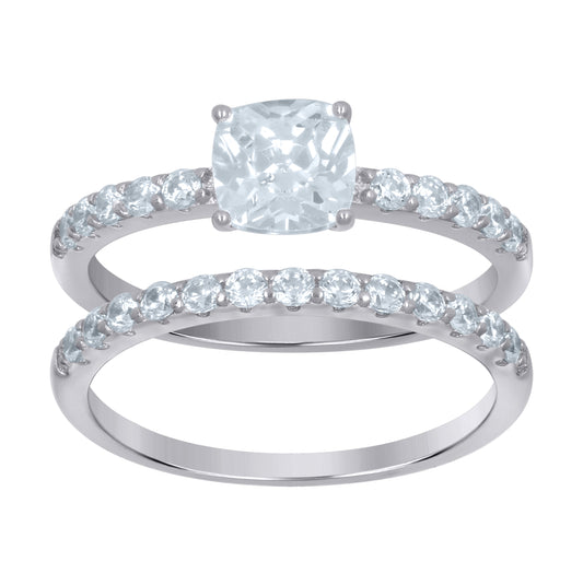 Sterling Silver Womens Cushion Cubic-Zirconia Duo Bridal Anniversary Wedding Engagement Band Ring Set