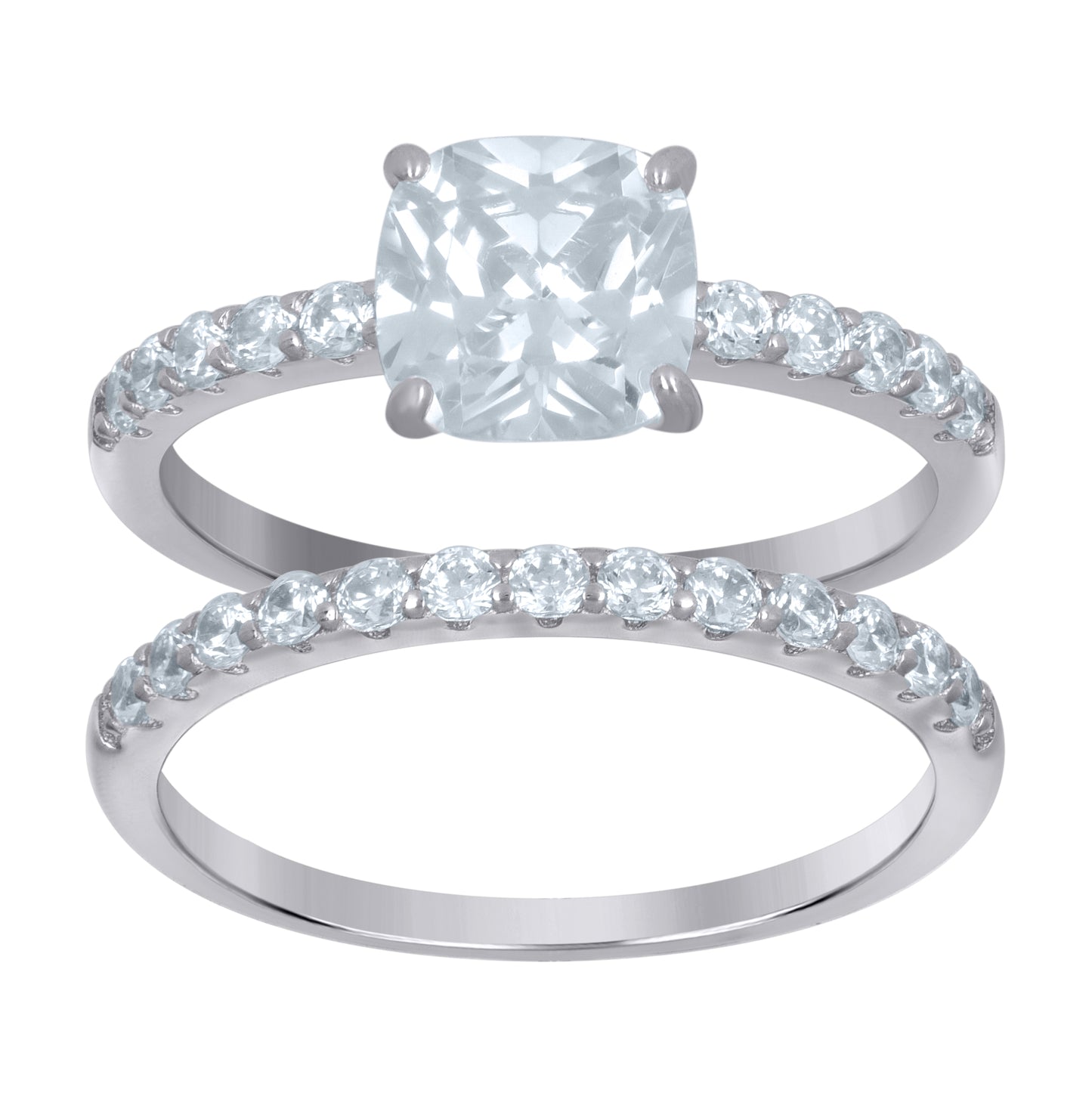Sterling Silver Women's Cushion Cubic-Zirconia Duo Bridal Anniversary Wedding Engagement Band Ring Set