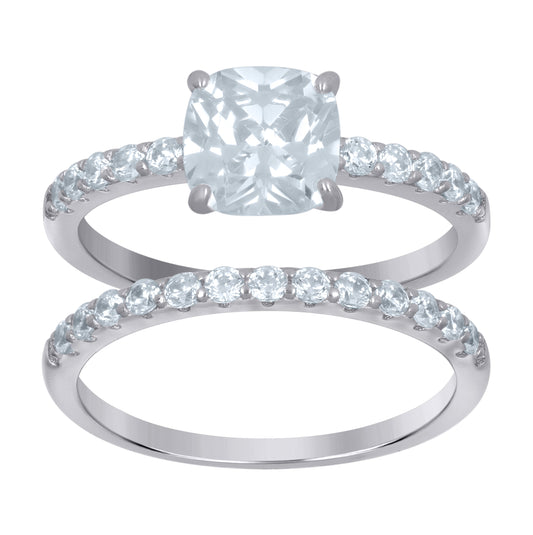 Sterling Silver Women's Cushion Cubic-Zirconia Duo Bridal Anniversary Wedding Engagement Band Ring Set