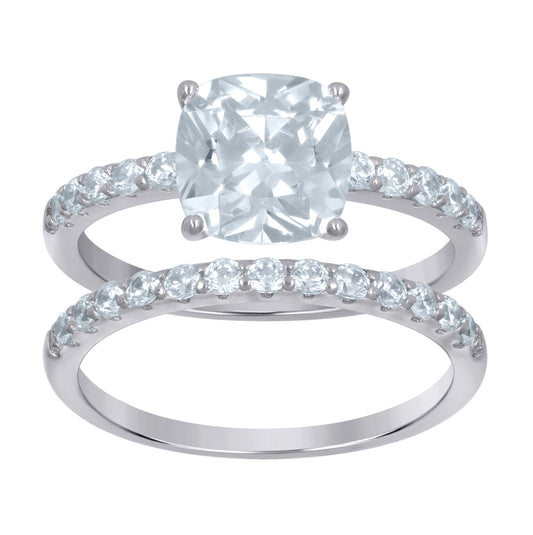 Sterling Silver Womens Cubic-Zirconia Duo Bridal Anniversary Wedding Engagement Band Ring Set