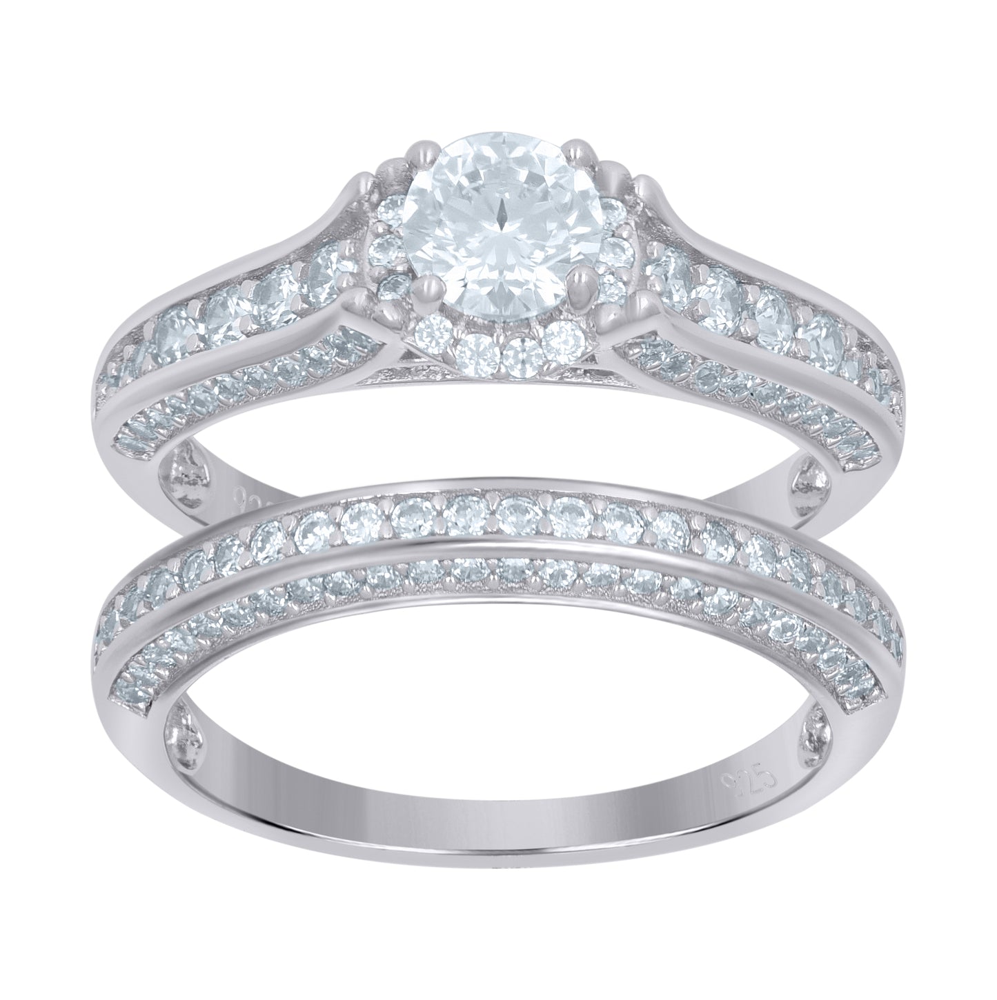Sterling Silver Women's Cubic-Zirconia Duo Bridal Anniversary Wedding Engagement Band Ring Set