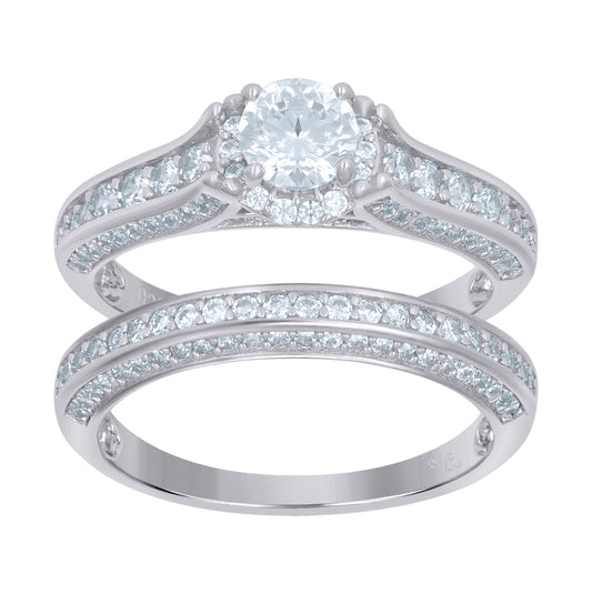 Sterling Silver Women's Cubic-Zirconia Duo Bridal Anniversary Wedding Engagement Band Ring Set
