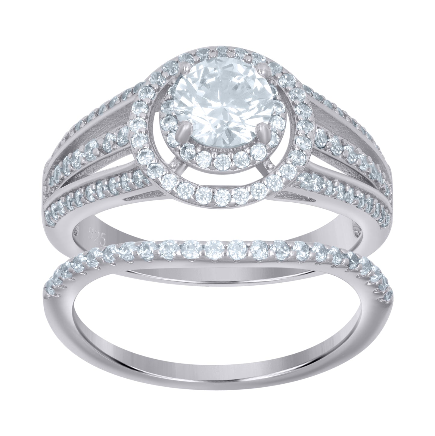 Sterling Silver Women's Cubic-Zirconia Duo Bridal Anniversary Wedding Engagement Band Ring Set