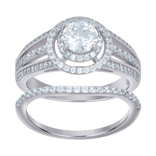 Sterling Silver Women's Cubic-Zirconia Duo Bridal Anniversary Wedding Engagement Band Ring Set
