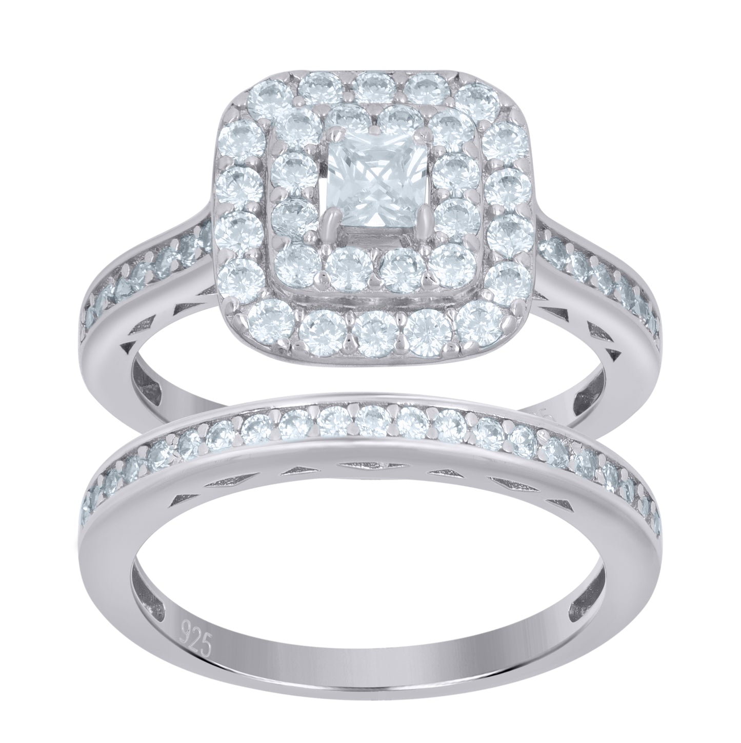 Sterling Silver Womens Princess-Cut Cubic-Zirconia Duo Bridal Anniversary Wedding Engagement Band Ring Set