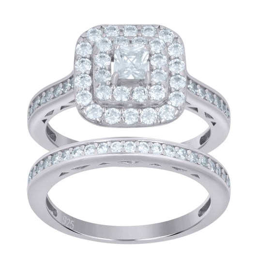 Sterling Silver Womens Princess-Cut Cubic-Zirconia Duo Bridal Anniversary Wedding Engagement Band Ring Set