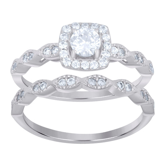 Sterling Silver Women's Cubic-Zirconia Duo Bridal Anniversary Wedding Engagement Band Ring Set