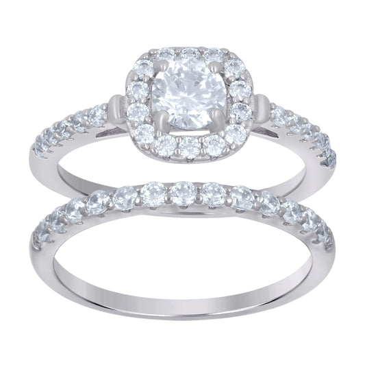 Sterling Silver Women's Cubic-Zirconia Duo Bridal Anniversary Wedding Engagement Band Ring Set