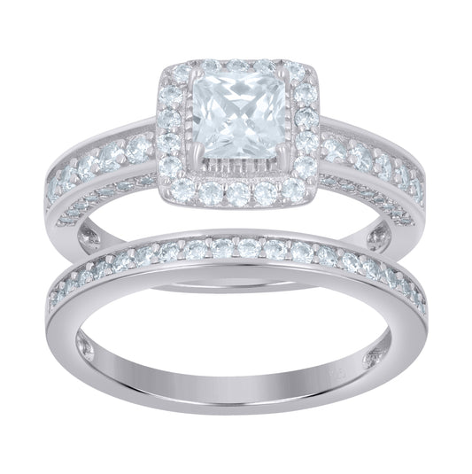 Sterling Silver Women's Princess-Cut Cubic-Zirconia Duo Bridal Anniversary Wedding Engagement Band Ring Set
