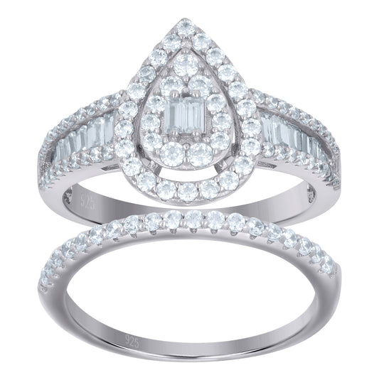 Sterling Silver Womens Baguette Cubic-Zirconia Teardrop Duo Bridal Anniversary Wedding Engagement Band Ring Set