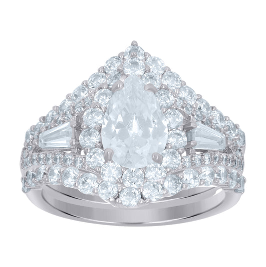 Sterling Silver Womens Pear Cubic-Zirconia Teardrop Duo Bridal Anniversary Wedding Engagement Band Ring Set