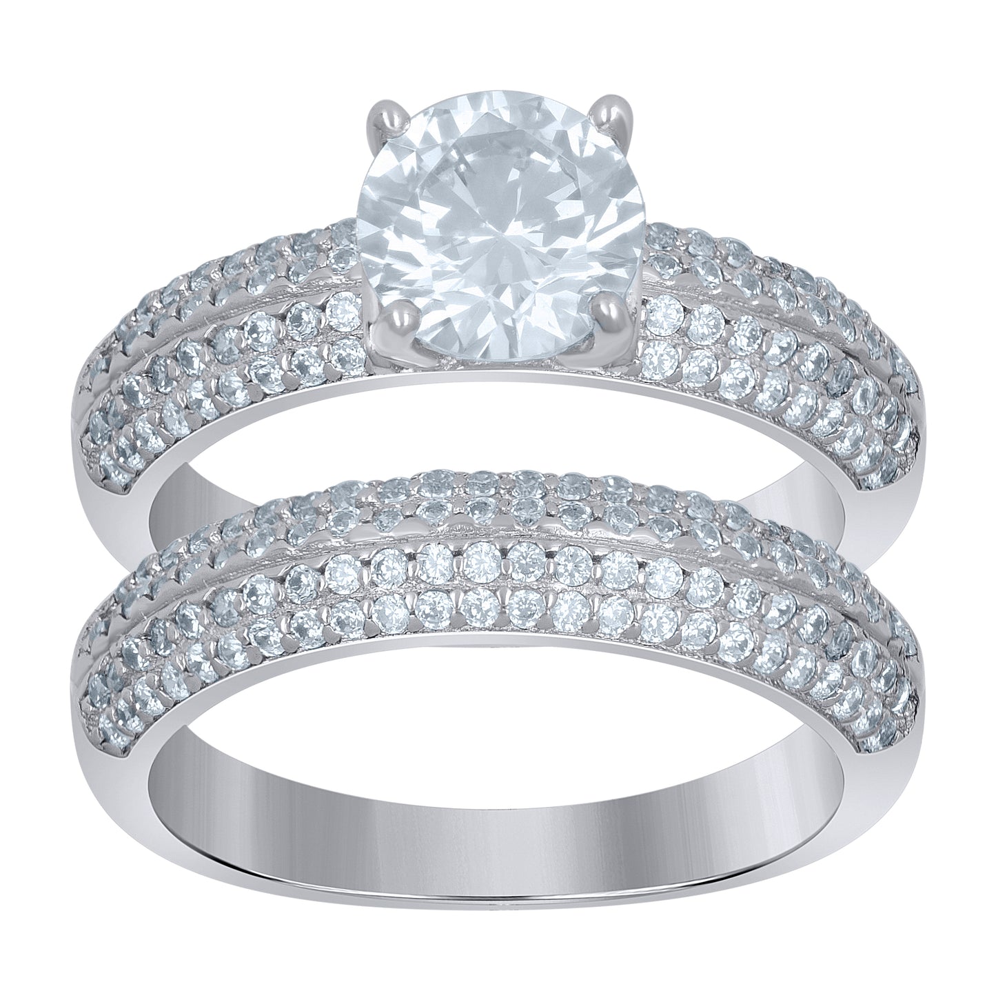 Sterling Silver Women's Cubic-Zirconia Duo Bridal Anniversary Wedding Engagement Band Ring Set