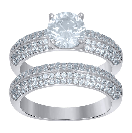 Sterling Silver Women's Cubic-Zirconia Duo Bridal Anniversary Wedding Engagement Band Ring Set