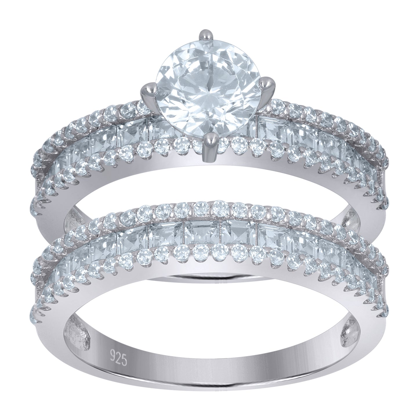 Sterling Silver Women's Princess-Cut Cubic-Zirconia Duo Bridal Anniversary Wedding Engagement Band Ring Set