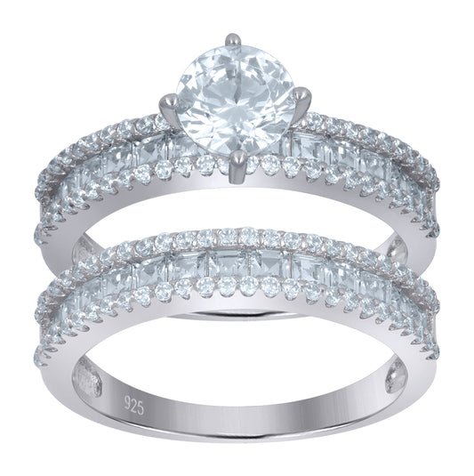 Sterling Silver Women's Princess-Cut Cubic-Zirconia Duo Bridal Anniversary Wedding Engagement Band Ring Set