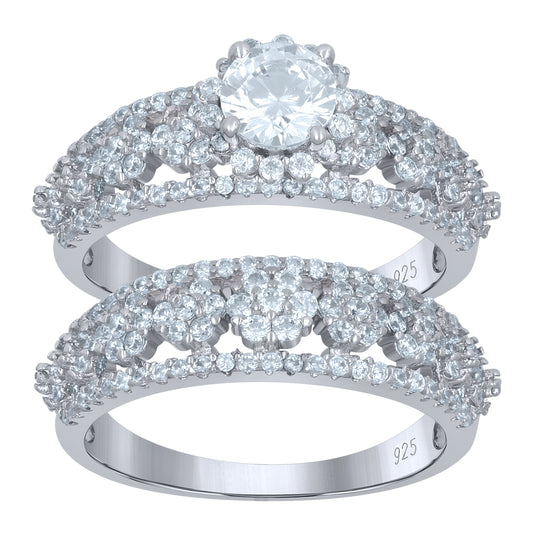 Sterling Silver Womens Cubic-Zirconia Flower Duo Bridal Anniversary Wedding Engagement Band Ring Set