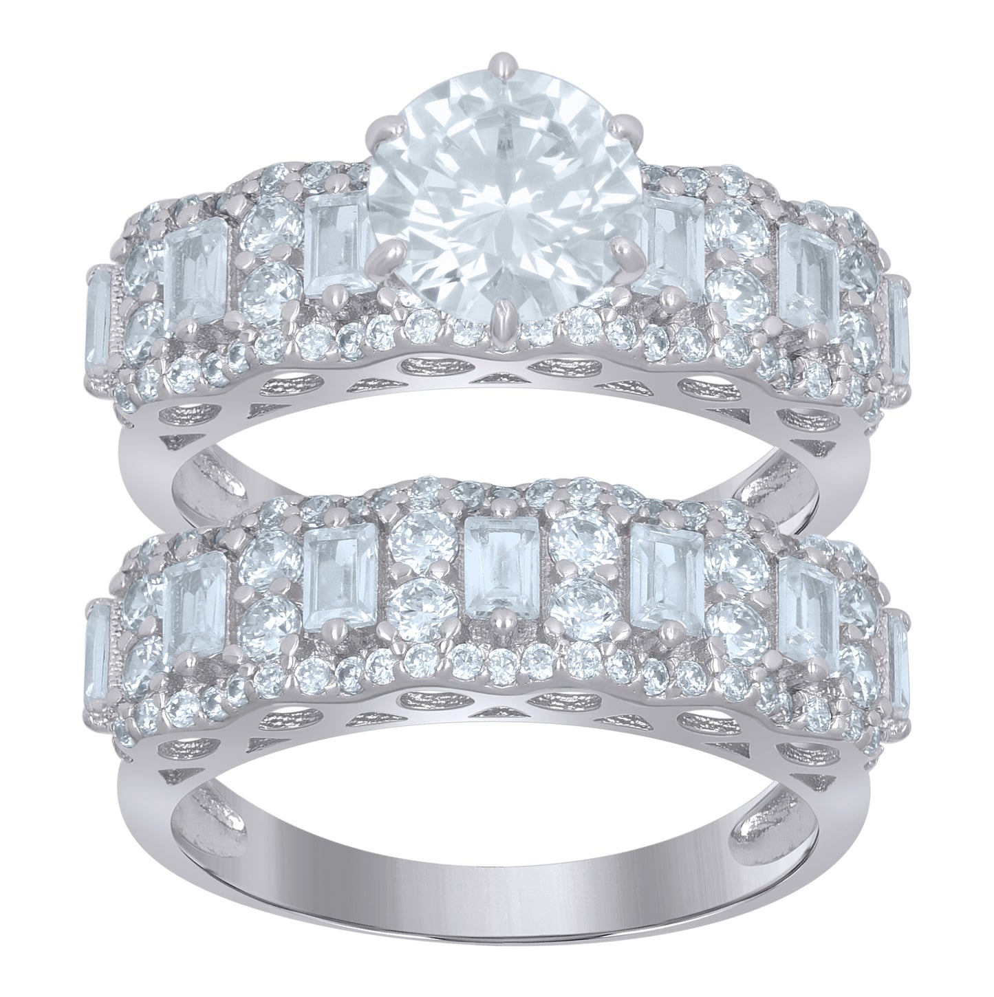 Sterling Silver Womens Baguette Cubic-Zirconia Duo Bridal Anniversary Wedding Engagement Band Ring Set