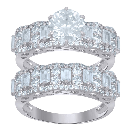 Sterling Silver Womens Baguette Cubic-Zirconia Duo Bridal Anniversary Wedding Engagement Band Ring Set