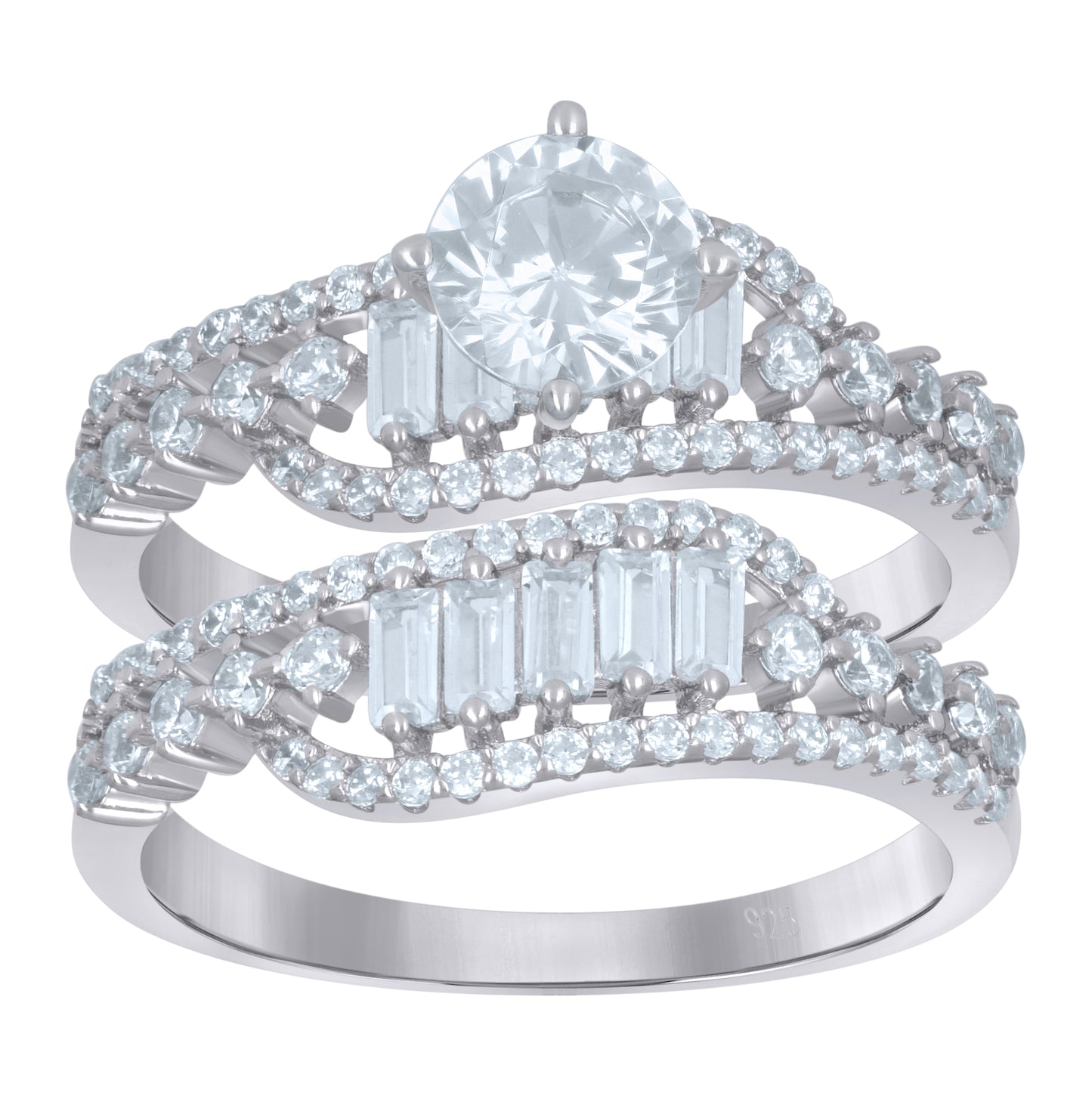 Sterling Silver Women's Baguette Cubic-Zirconia Duo Bridal Anniversary Wedding Engagement Band Ring Set