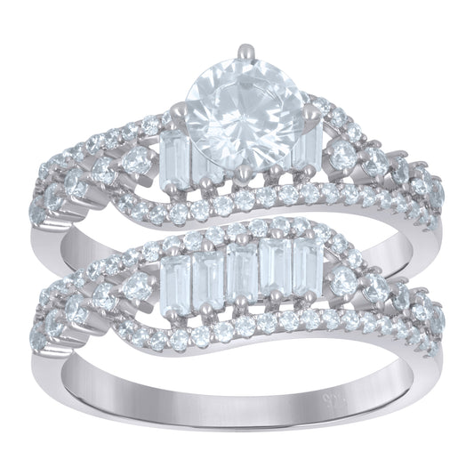 Sterling Silver Women's Baguette Cubic-Zirconia Duo Bridal Anniversary Wedding Engagement Band Ring Set