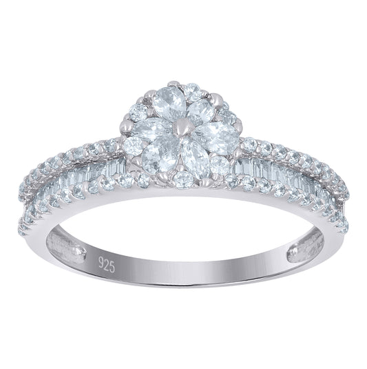 Sterling Silver Womens Baguette/Pear Solitaire Cubic-Zirconia Flower Bridal Anniversary Engagement Wedding Ring