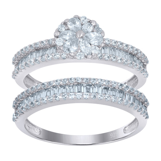 Sterling Silver Womens Baguette/Pear Cubic-Zirconia Flower Duo Bridal Anniversary Wedding Engagement Band Ring Set
