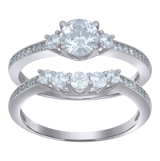 Sterling Silver Women's Cubic-Zirconia Duo Bridal Anniversary Wedding Engagement Band Ring Set