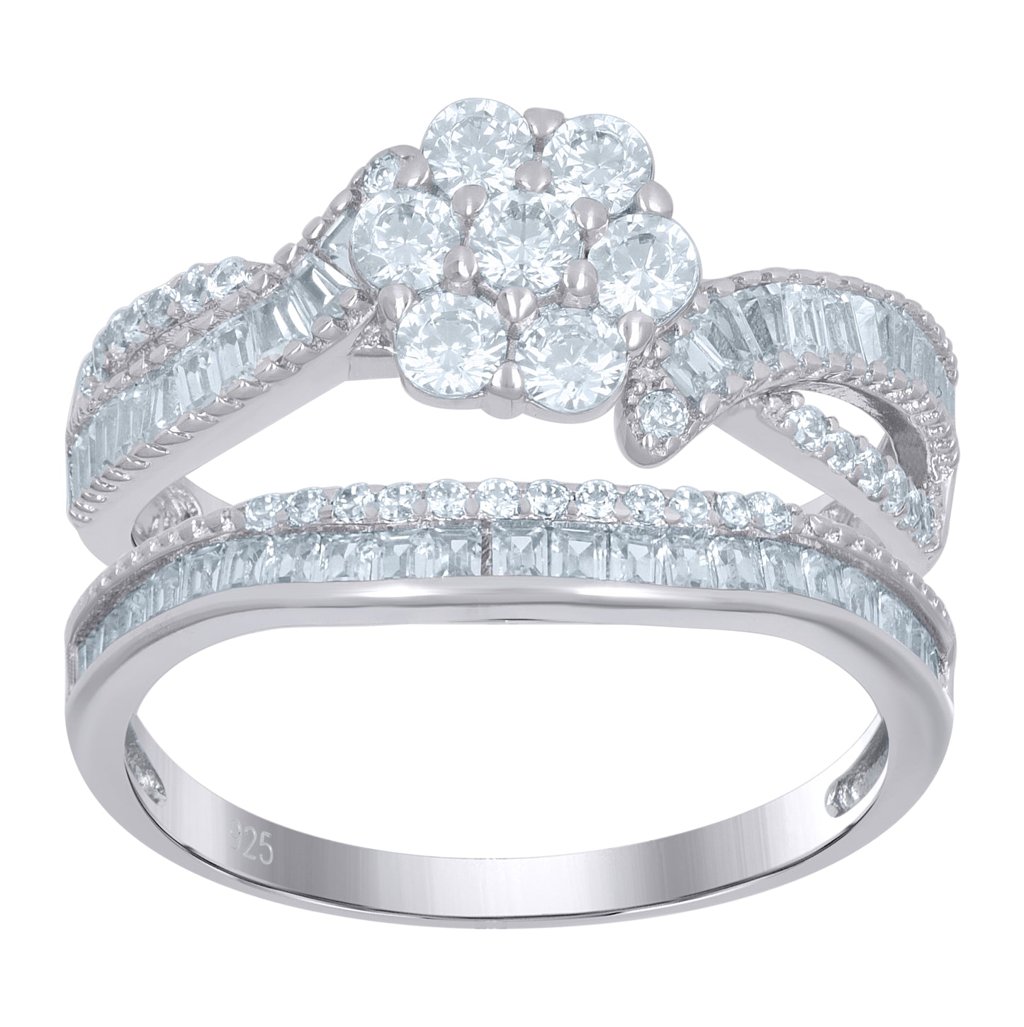 Sterling Silver Womens Baguette Cubic-Zirconia Flower Duo Bridal Anniversary Wedding Engagement Band Ring Set